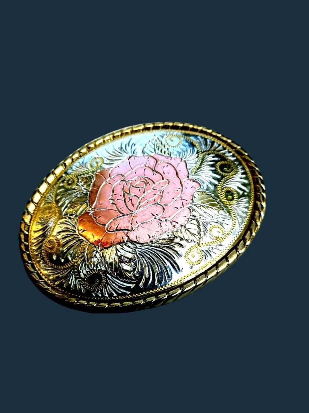 Western Belt Buckle Silver & Gold Rose Flower W Logo Made in USA Oval Womens